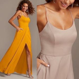 Davids Bridal Flowy A Line Maxi Bridesmaid Gown Dress Marigold Mustard Elegant 6